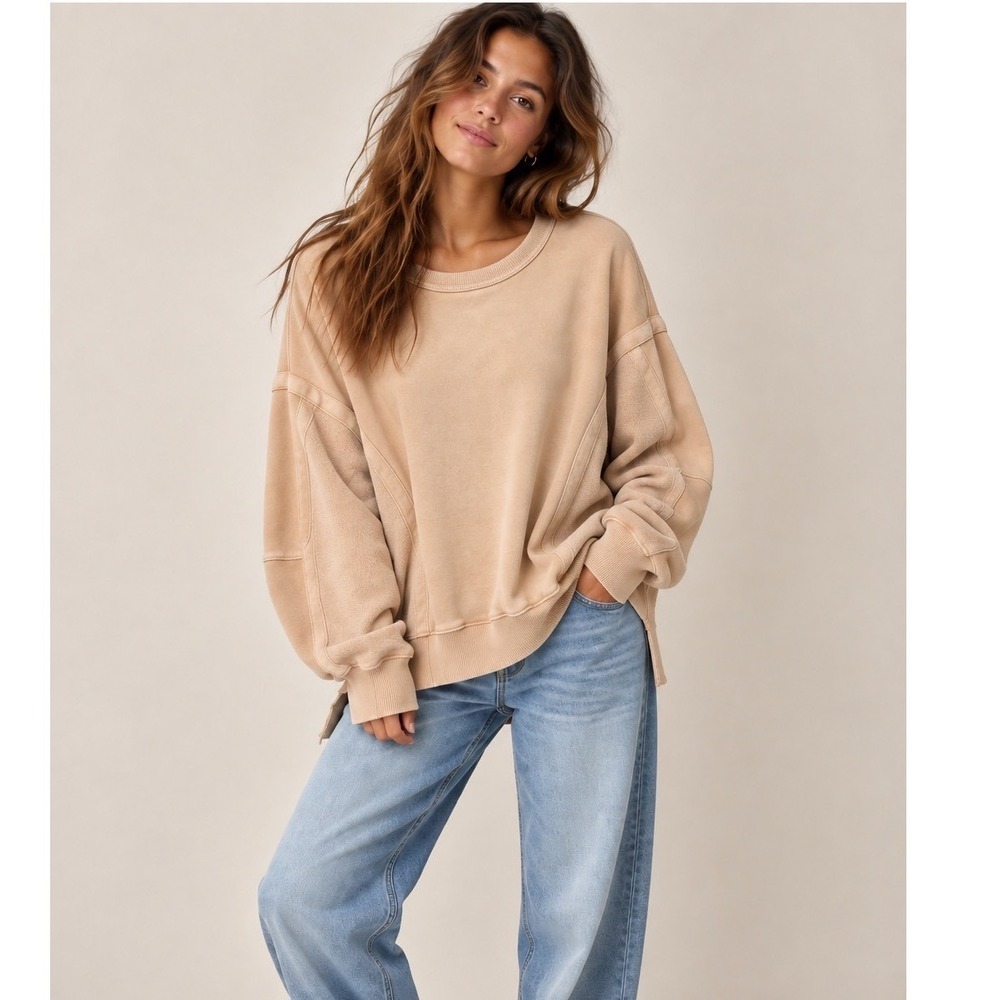Aerie The Chill Oversized Crewneck Sweatshirt Tan Textured Panels M